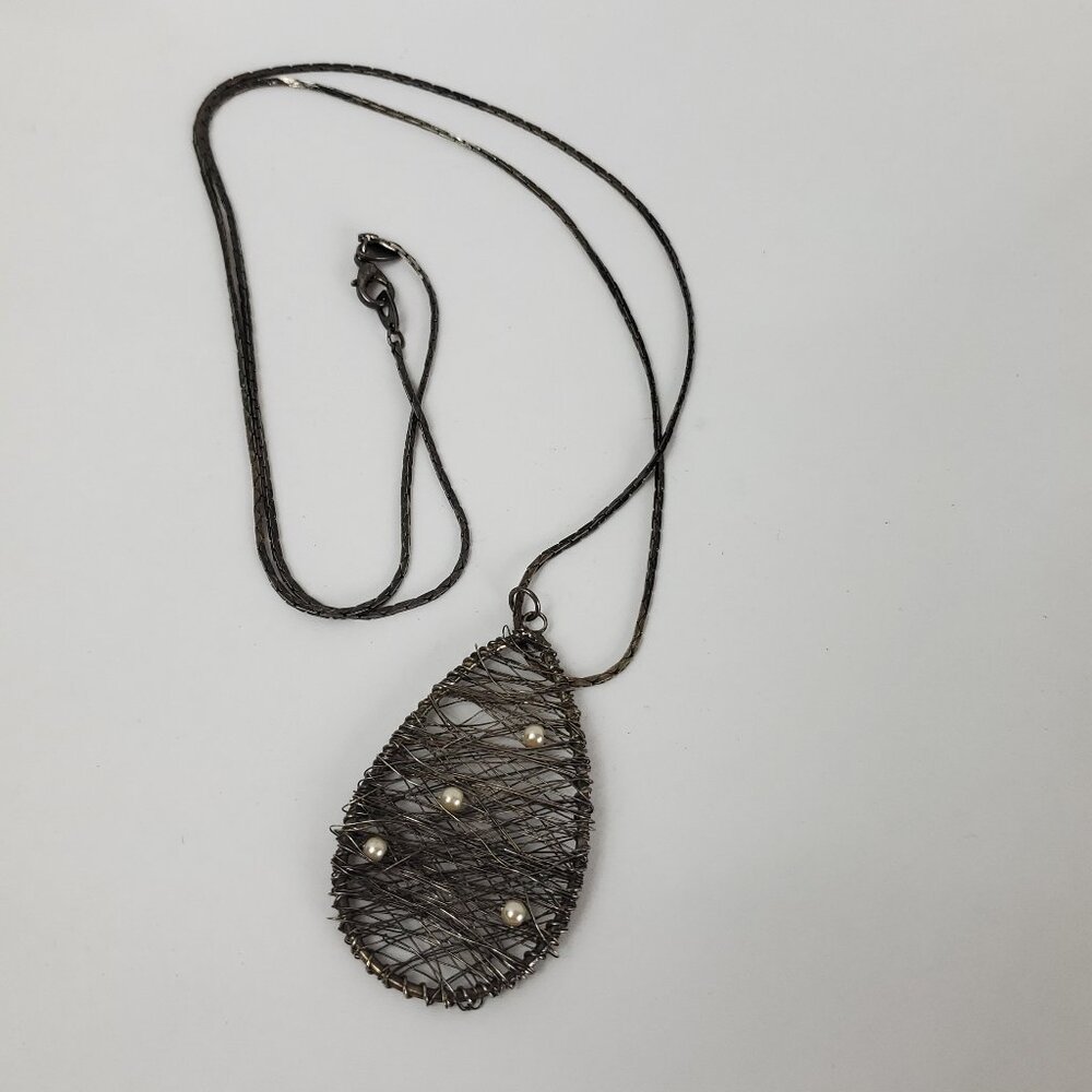 FI Signed Silver Tone Necklace Tear Drop Wire & Faux Pearl Wrapped Pendant